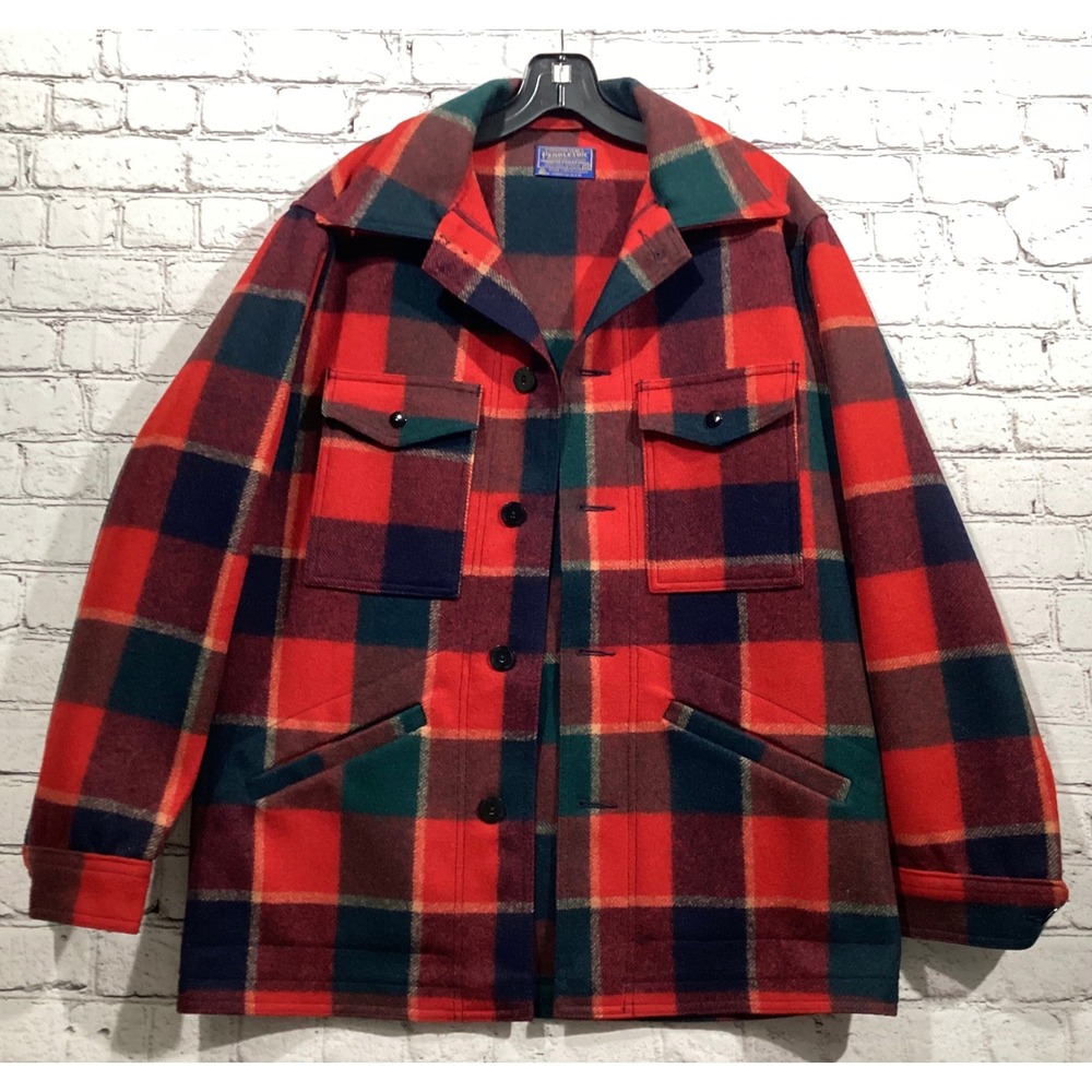 Vintage Pendleton Wool Field Coat Mens Medium Red Green Plaid Made in USA Jacket